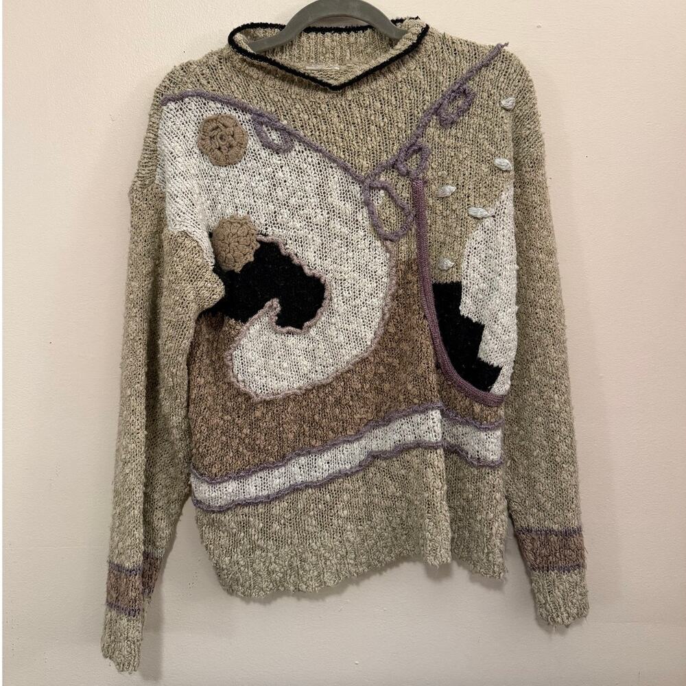 Vintage 90s beige abstract patchwork sweater, size M